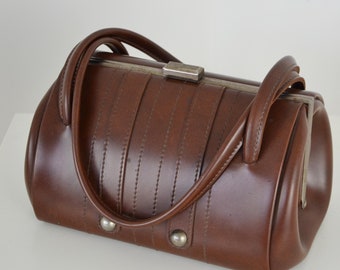 Vintage MacLaren English Vinyl Leather Barrel Bag Brown Made in Nowich England Elbief