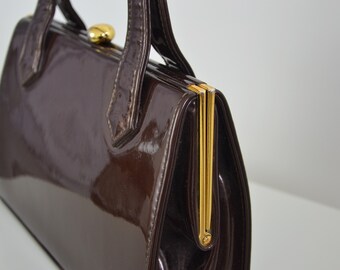 Vintage English Holmes of Norwich Patent Leather Framed Handbag Brown Elbief England