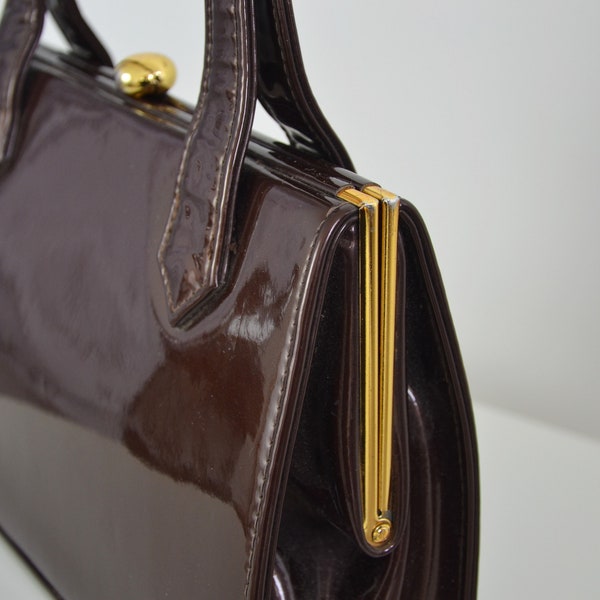 Vintage English Holmes of Norwich Patent Leather Framed Handbag Brown Elbief England