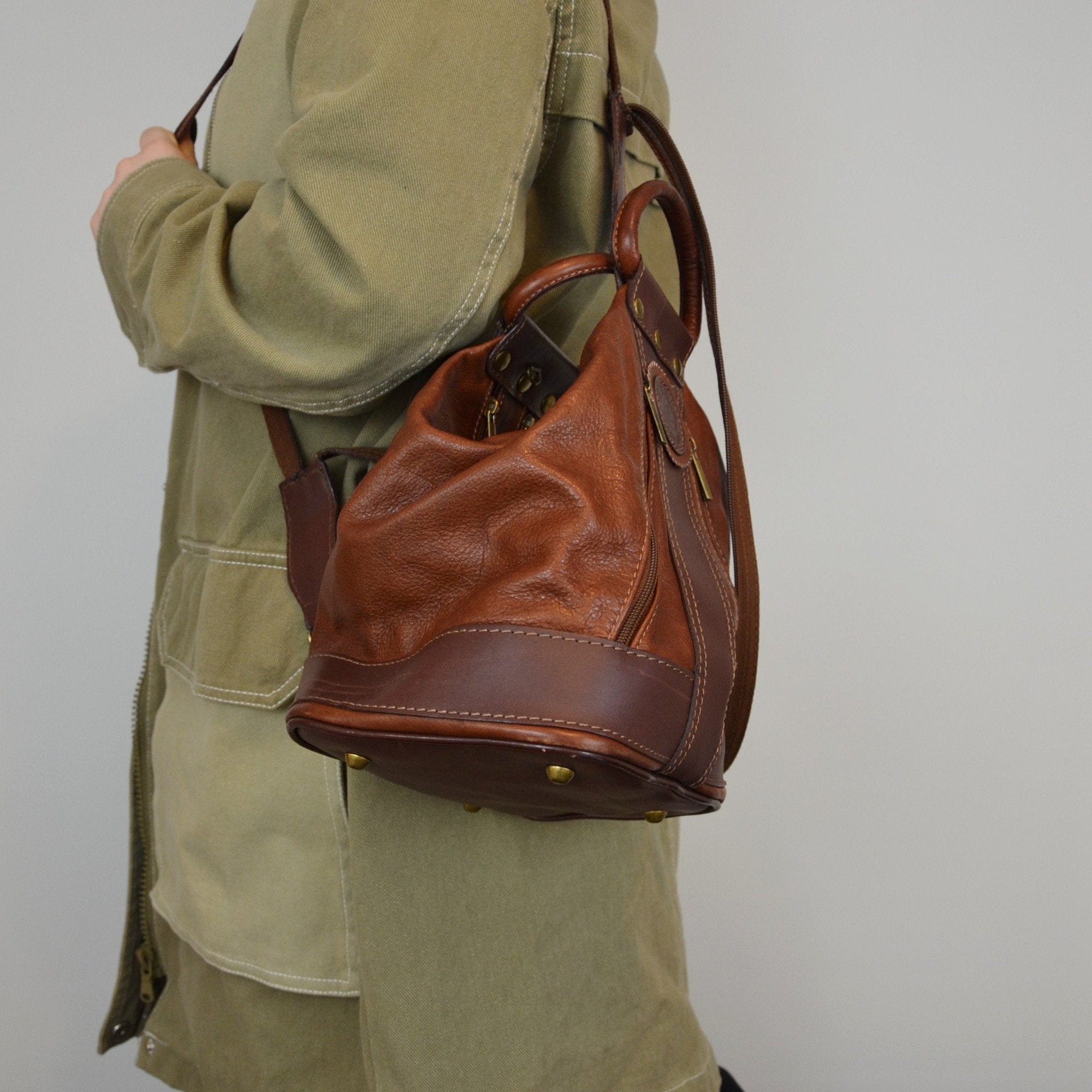 Vintage Leather Bucket Bag Brown Studding | Etsy