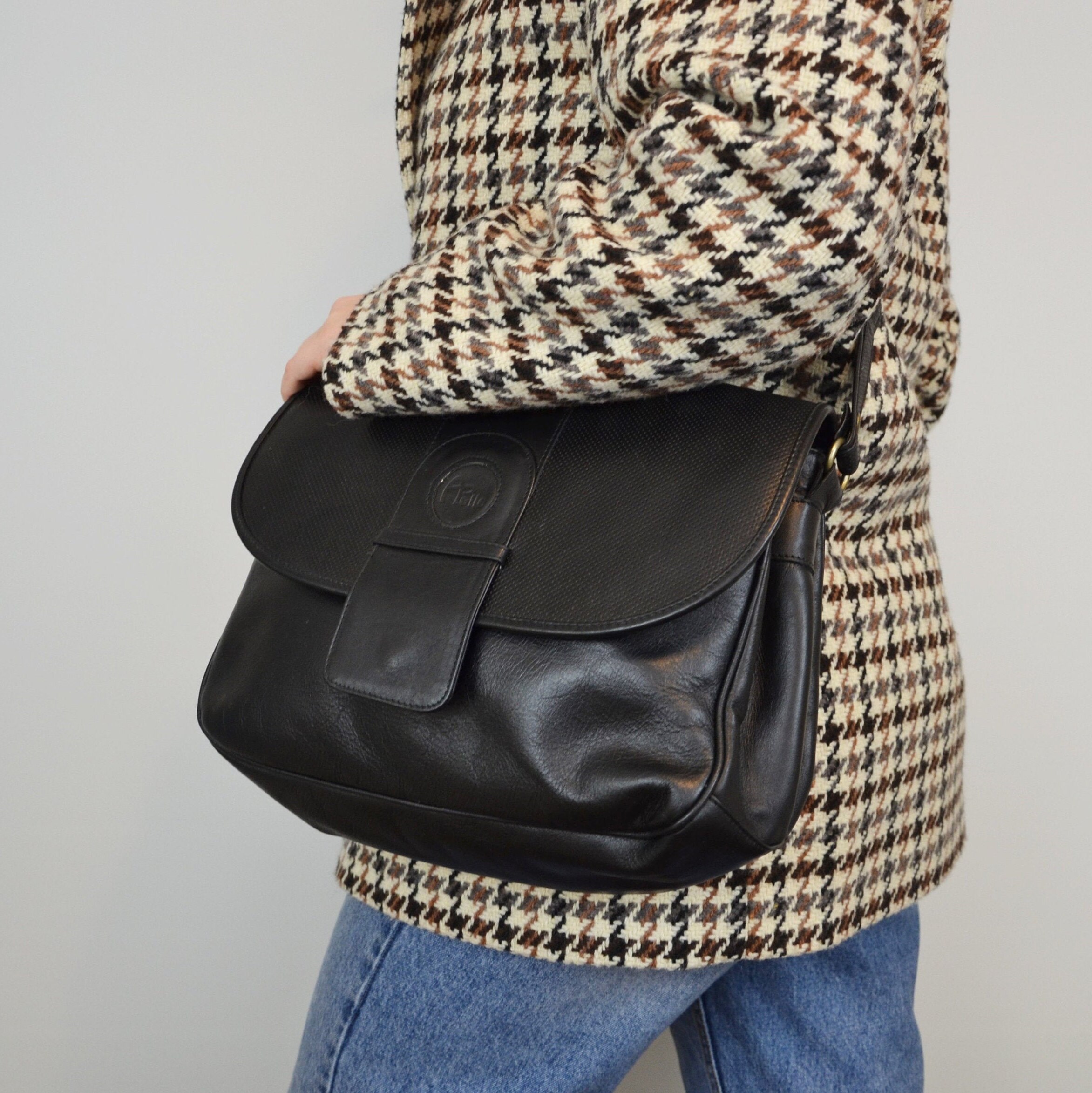 Vintage Italian Leather Messenger Bag Black Etsy