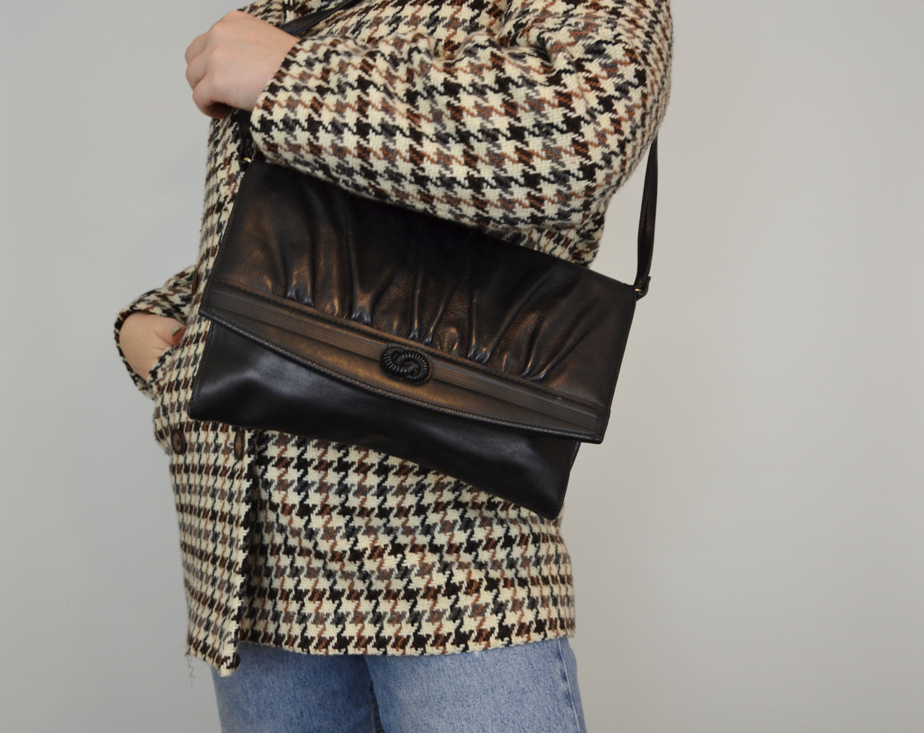 Buy Vintage Leather Shoulder Bag Black Ruched Online in India - Etsy