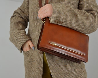 Vintage Leather Shoulder Bag Brown Fold Over Lid