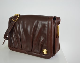 Sac messager vintage en cuir italien marron avec miroir de courtoisie, plusieurs compartiments