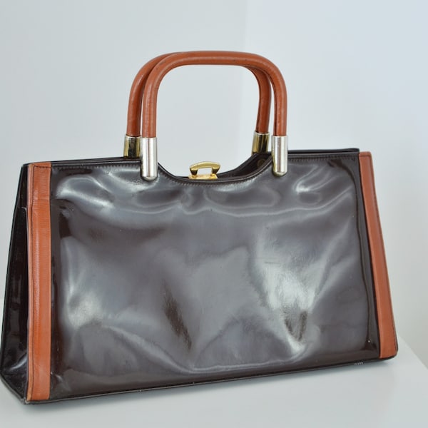 Vintage Patent Leather Top Handle Bag Framed Boxy Brown Suede Elbief Made in Scotland