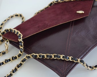 Vintage Scottish Leather Keys Shoulder Bag Chain Strap Maroon Suede Envelope Lid Clutch Purse