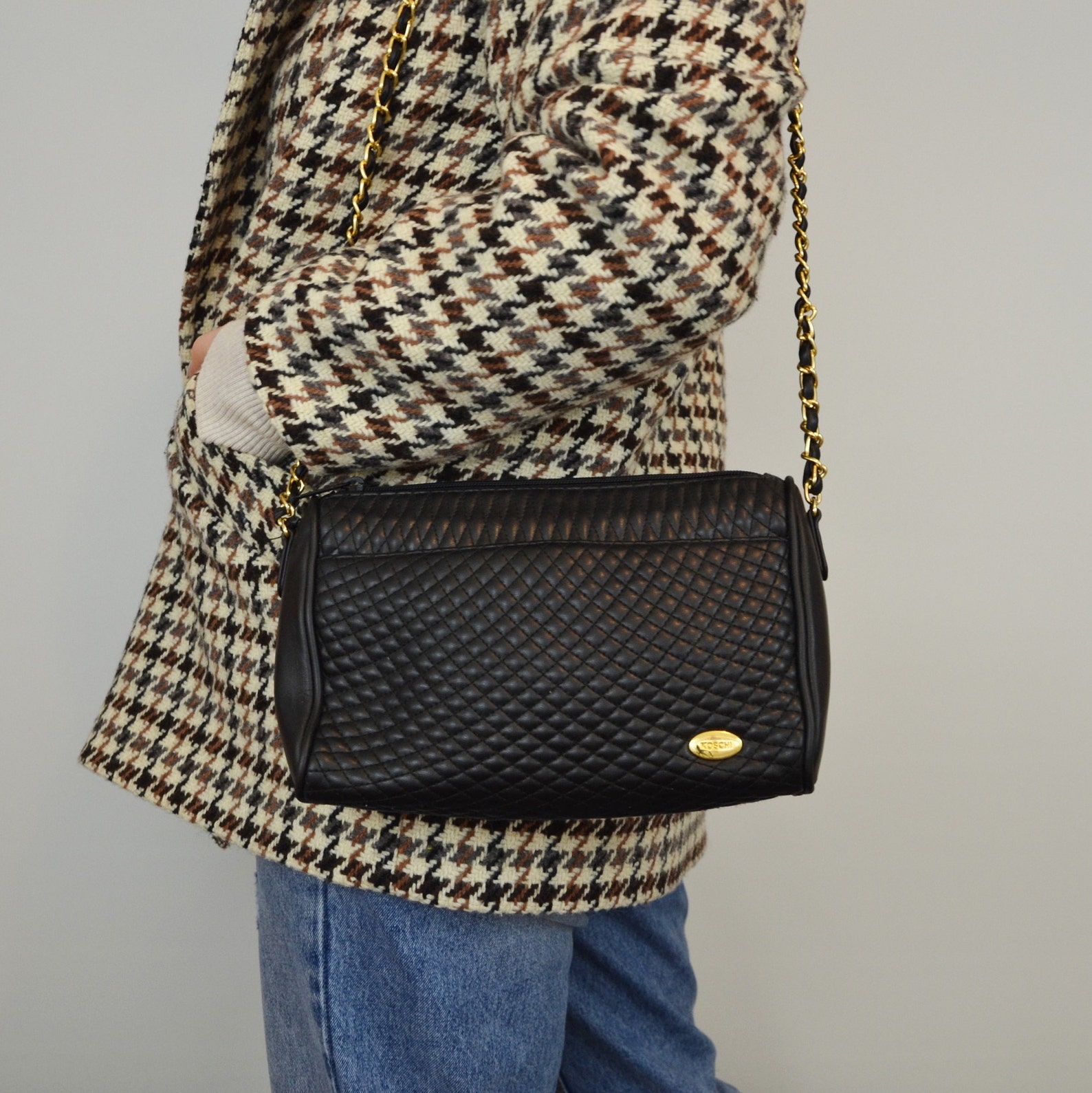 Vintage Koschi Quilted Shoulder Bag Gold Chain Strap Etsy