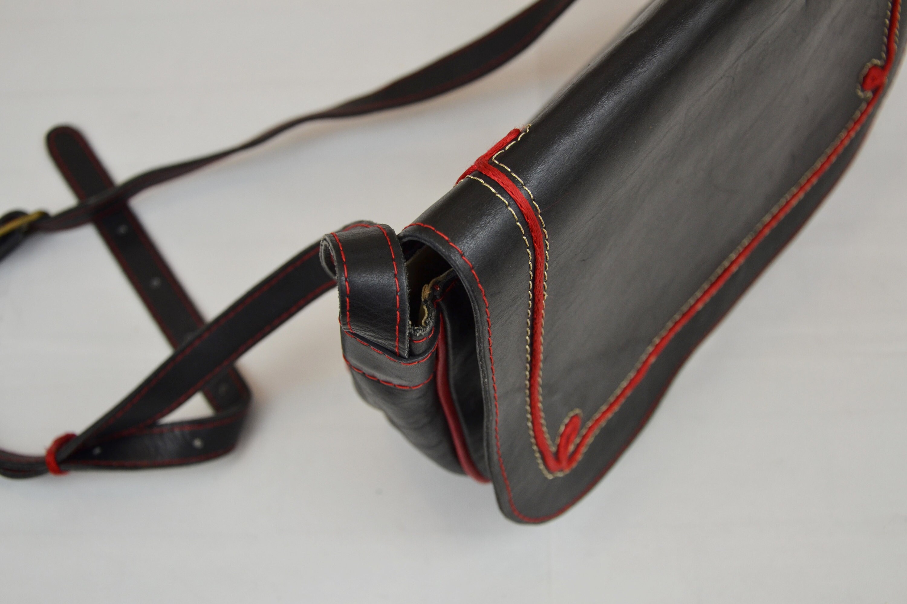 Vintage Leather Messenger Bag Black Red Trim | Etsy UK