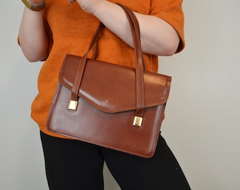 Vintage Leather Top Handle Bag Boxy Oxblood Red Envelope Lid