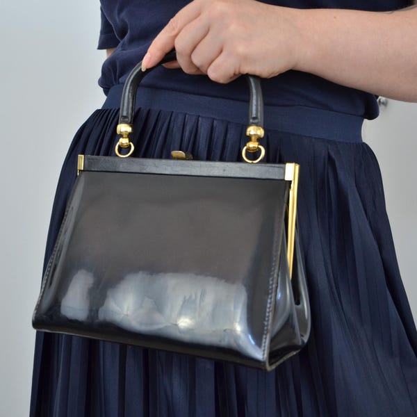 Vintage Jane Shilton Patent Leather Top Handle Bag Navy Blue Made in England