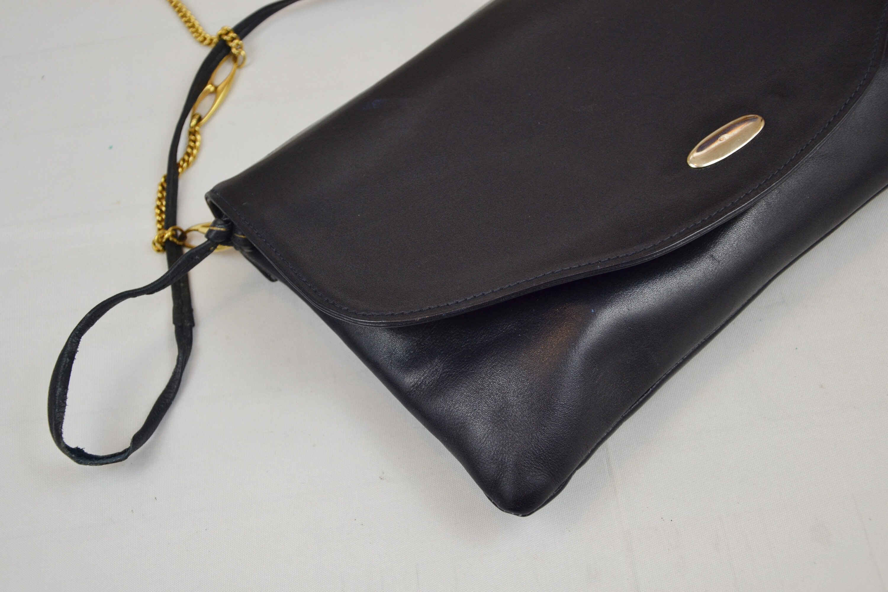 Vintage Leather Gold Chain Handbag Envelope Lid Navy Blue - Etsy UK