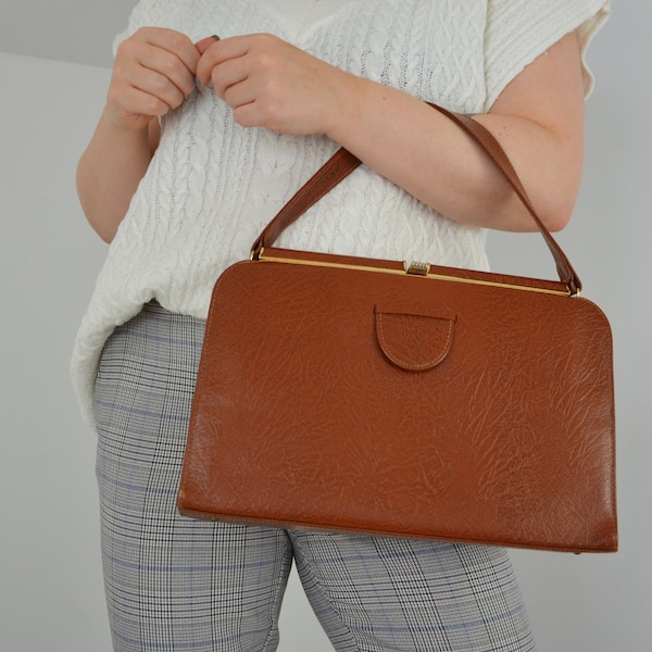 Vintage English Leather Framed Handbag Brown Top Handle Suede Lining Made in England