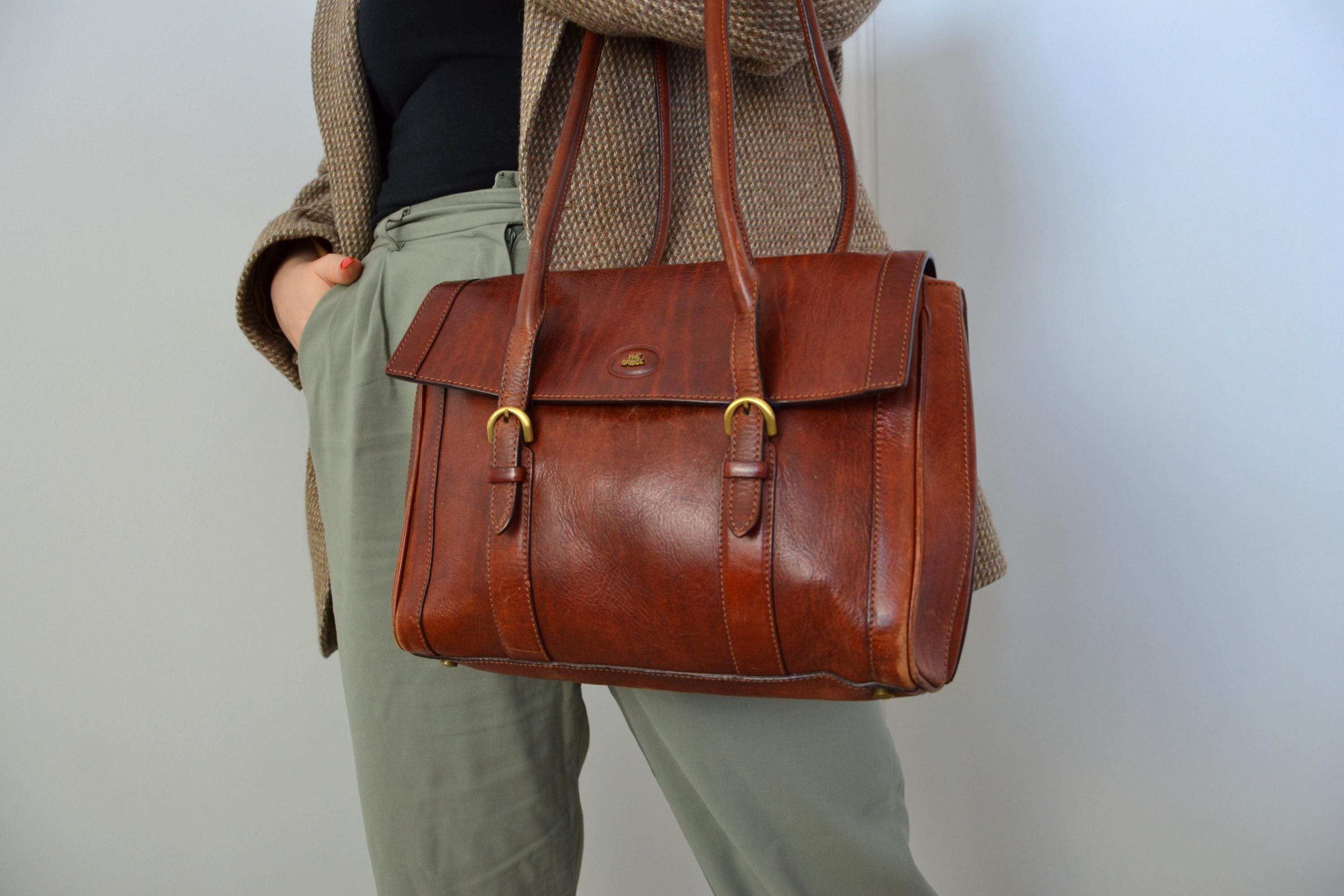 Vintage The Bridge Leather Shoulder Bag Brown Tartan Lining