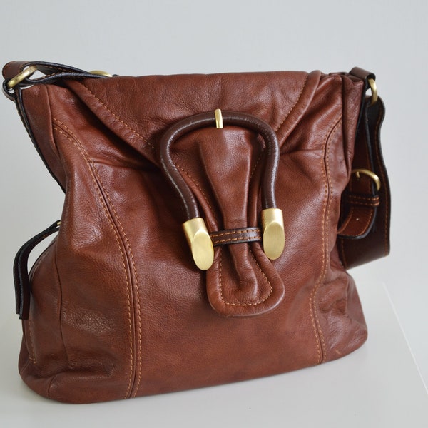 Vintage Italian Leather Shoulder Bag Brown Large Buckle Slouch
