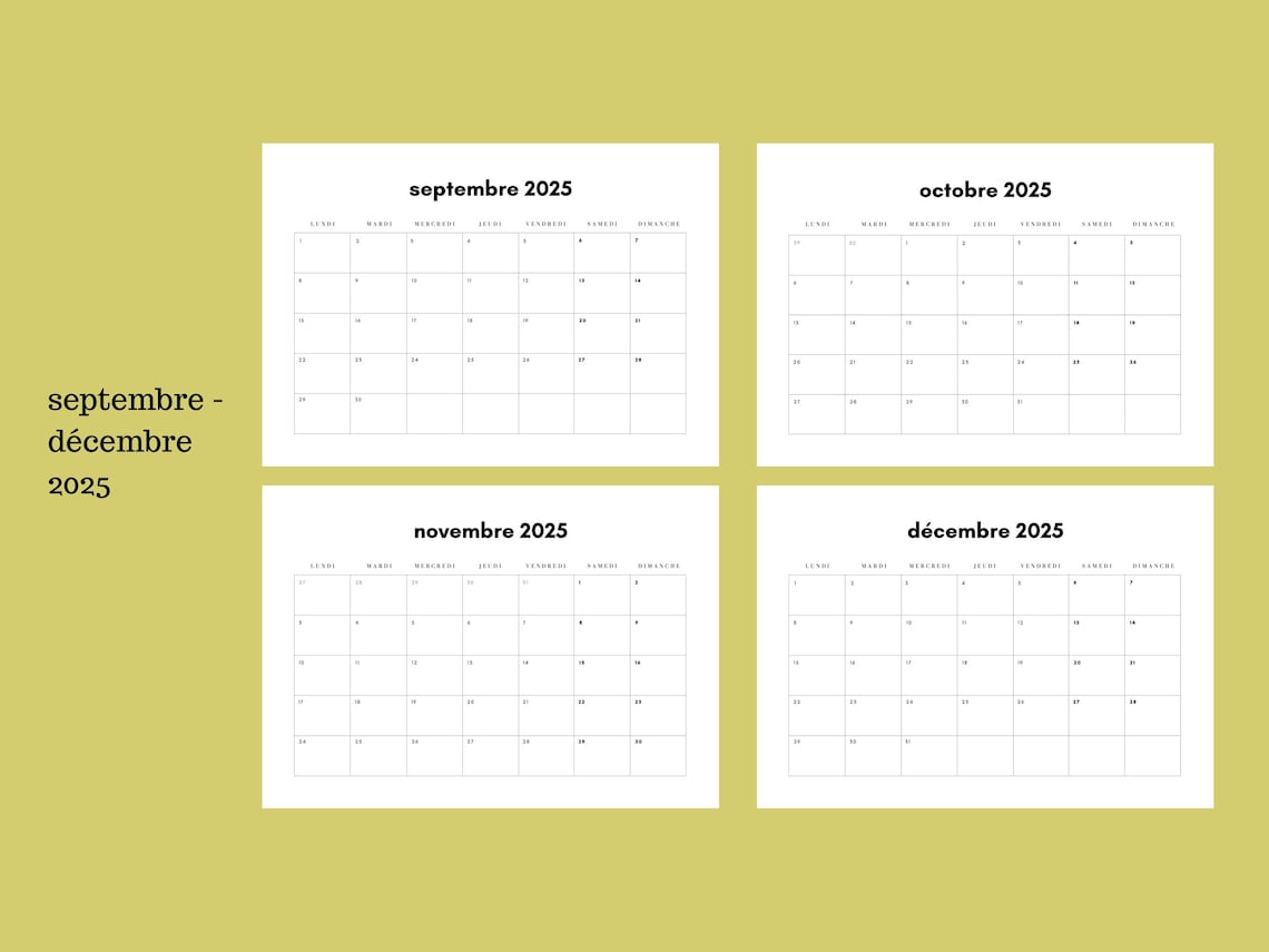 Calendrier Mensuel 2025 Digital à Imprimer En Français // 12 Mois De