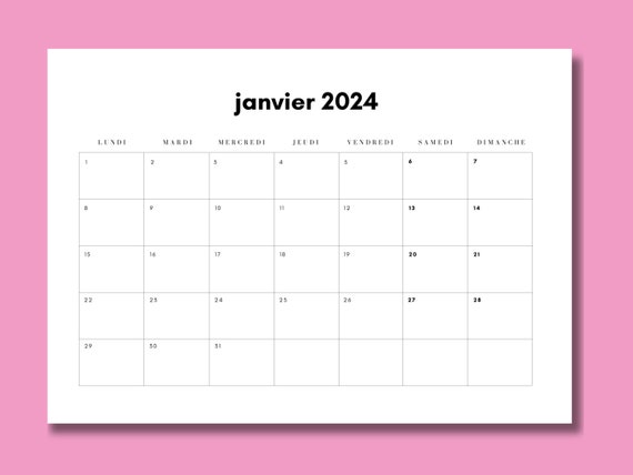 Calendrier Mensuel 2024 Digital à Imprimer En Français // 12 Mois De  Janvier 2024 à Décembre 2024 // Format A4 // Simple Minimaliste 