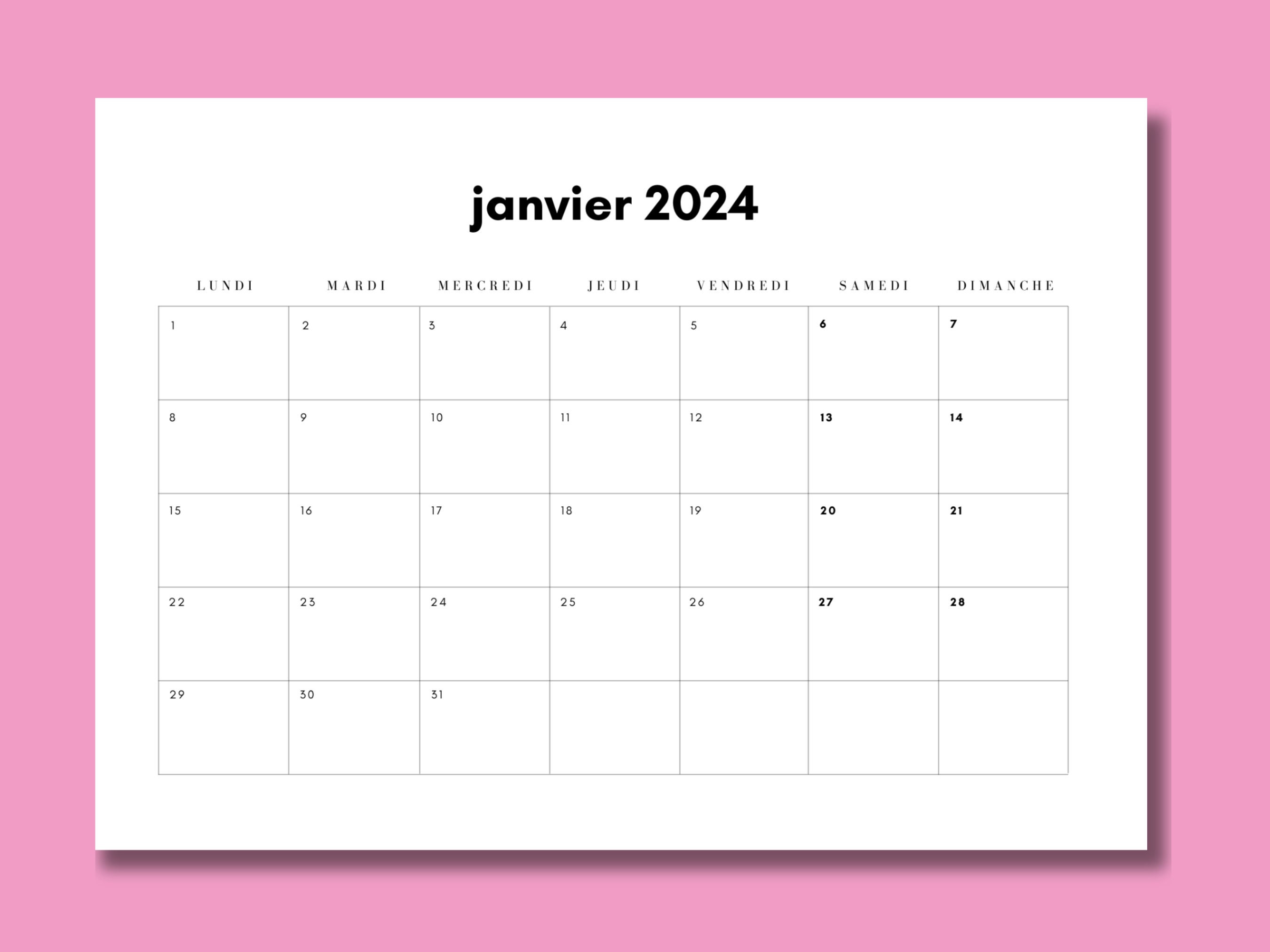 Calendrier Mensuel 2024 Digital à Imprimer En Français // 12 Mois