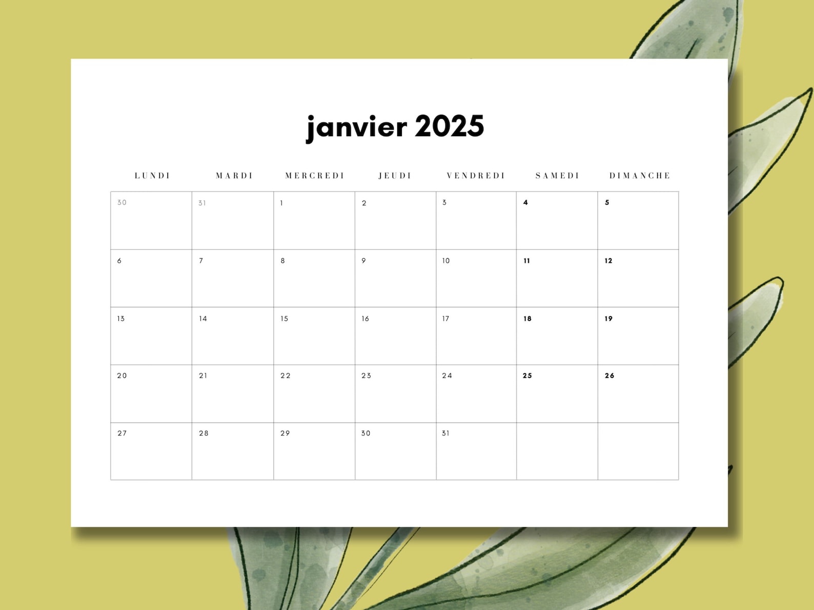 Calendrier Mensuel 2025 Digital à Imprimer En Français // 12 Mois De