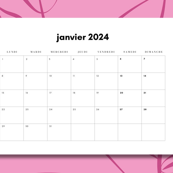 Calendrier mensuel 2024 digital à imprimer en français // 12 mois de janvier 2024 à décembre 2024 // Format A4 // Simple minimaliste