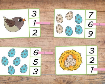 Spring count and clip cards 1-10. Montessori preschool math printable.