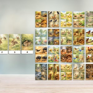 May include: A collection of watercolor art cards featuring woodland animals. The cards depict scenes of rabbits, birds, foxes, and other forest creatures. The artwork has a soft, natural color palette and is arranged on a light background.