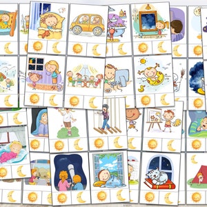 Może przedstawiać: Zestaw 36 ilustrowanych kart do gry w memory. Każda karta przedstawia scenę przedstawiającą czynność wykonywaną w dzień lub w nocy. Karty są podzielone na dwie sekcje, z ikoną słońca lub księżyca w każdej sekcji. Karty zostały zaprojektowane, aby pomóc dzieciom w nauce o dniu i nocy.