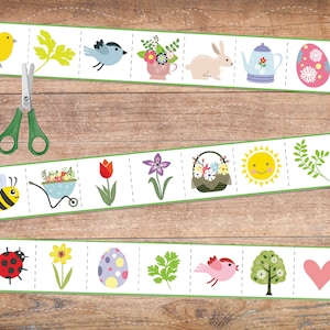 May include: A set of printable Easter-themed cards featuring images of a chick, a bird, a bunny, a teapot, an egg, a bee, a wheelbarrow, a flower, a basket of flowers, a sun, a ladybug, a flower, an egg, a leaf, a bird, a tree, and a heart.