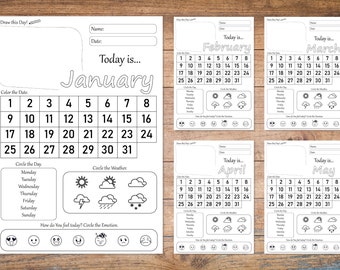 Preschool Calendar Worksheets Printable, Kids Monthly Digital Calendar, Toddler Activities, Montessori, Kindergarten Curriculum, Homeschool