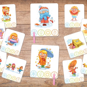 Sort by season cards,Season sorting game,Seasons preschool printable clip cards.