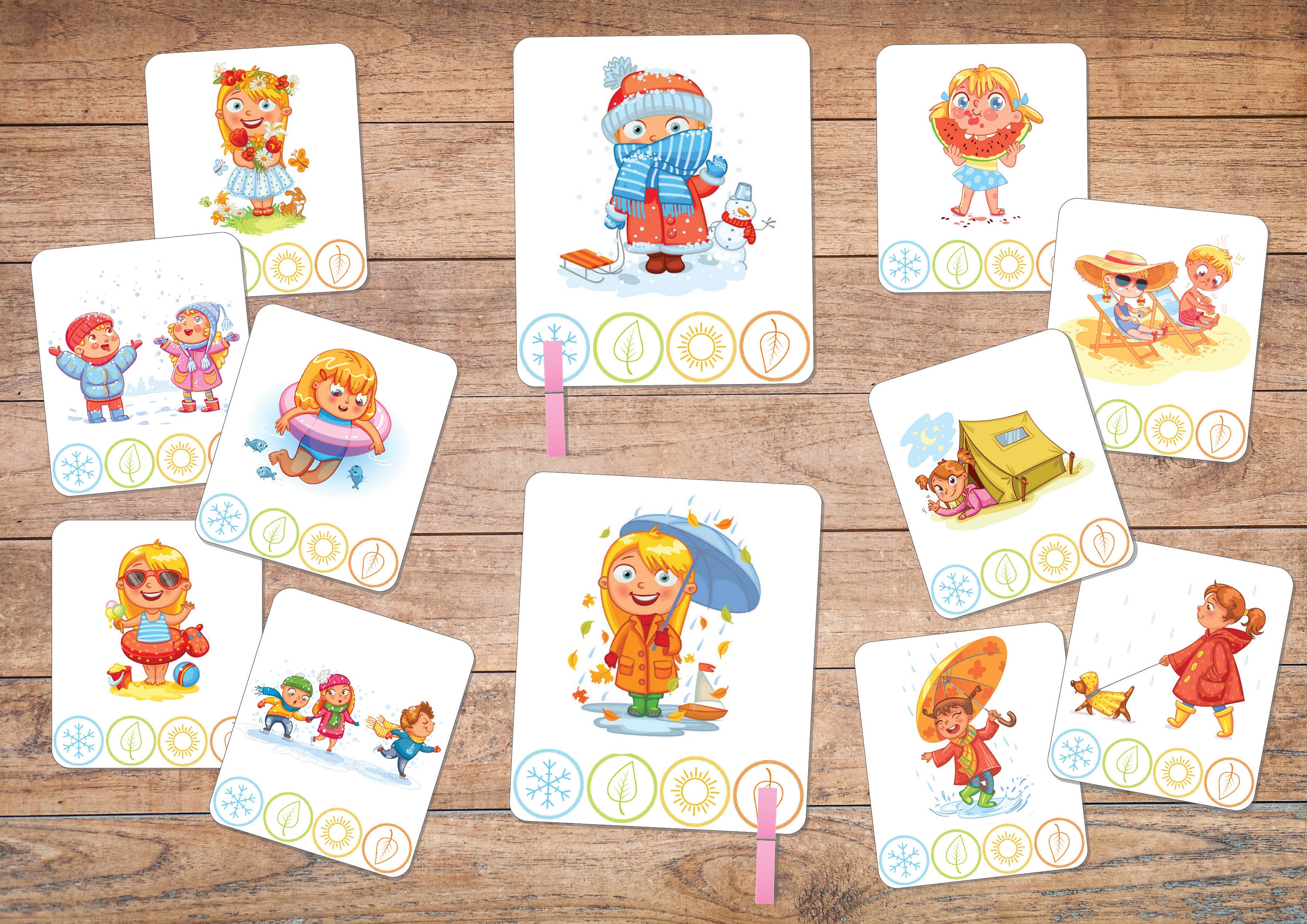 Sort by season cards,Season sorting game,Seasons preschool printable clip cards.