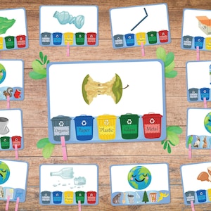 Separação de resíduos, jogo para imprimir de separação de resíduos para crianças pequenas, planilha de atividades de separação de lixo, reciclagem de lixo, cartões de clipe, Dia da Terra