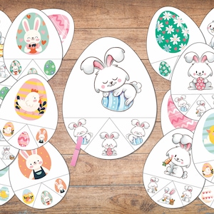 May include: A set of printable Easter egg-shaped activity cards featuring various illustrations of bunnies, chicks, and eggs. Each card is divided into sections, with a larger image in the centre and smaller images around the edges.