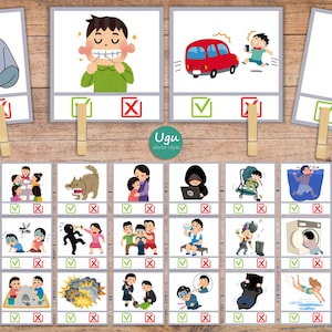 Seguro y peligroso, Bueno y malo, Recursos de educación especial, Comportamiento, tarjetas con clavijas, Preescolar
