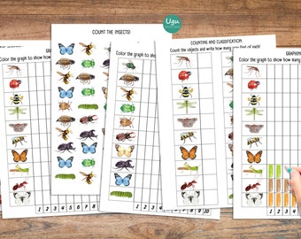 Insects. Bugs preschool graphing. Spring Montessori math printable for kindergarten.