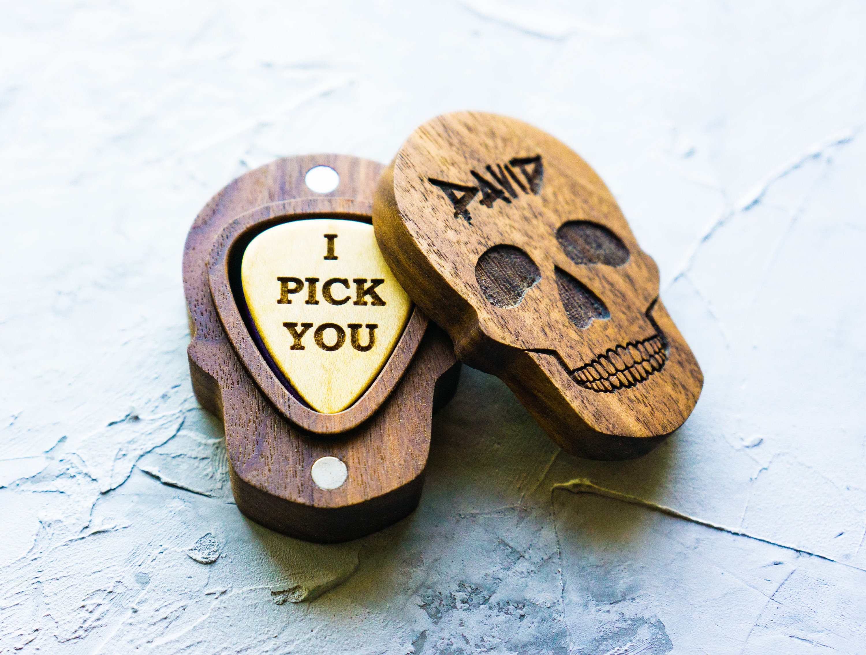Skull Guitar Pick Holder Personalized Wood Guitar Pick Box Etsy