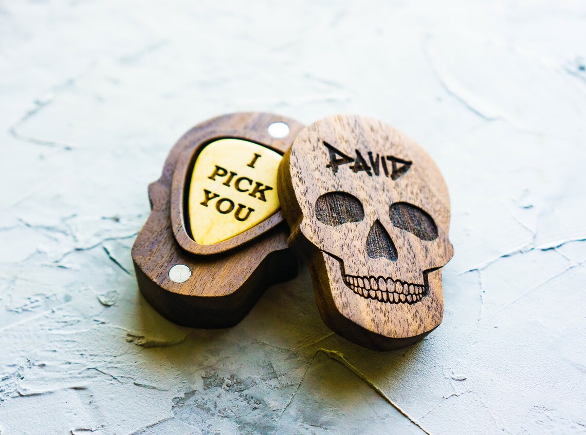 Skull Guitar Pick Holder Personalized Wood Guitar Pick Box Etsy