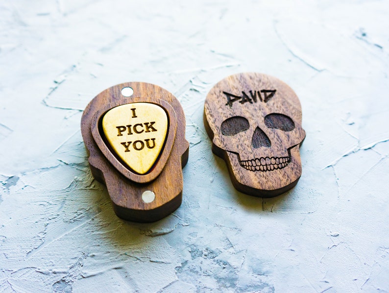 Skull Guitar Pick Holder Personalized Wood Guitar Pick Box Etsy