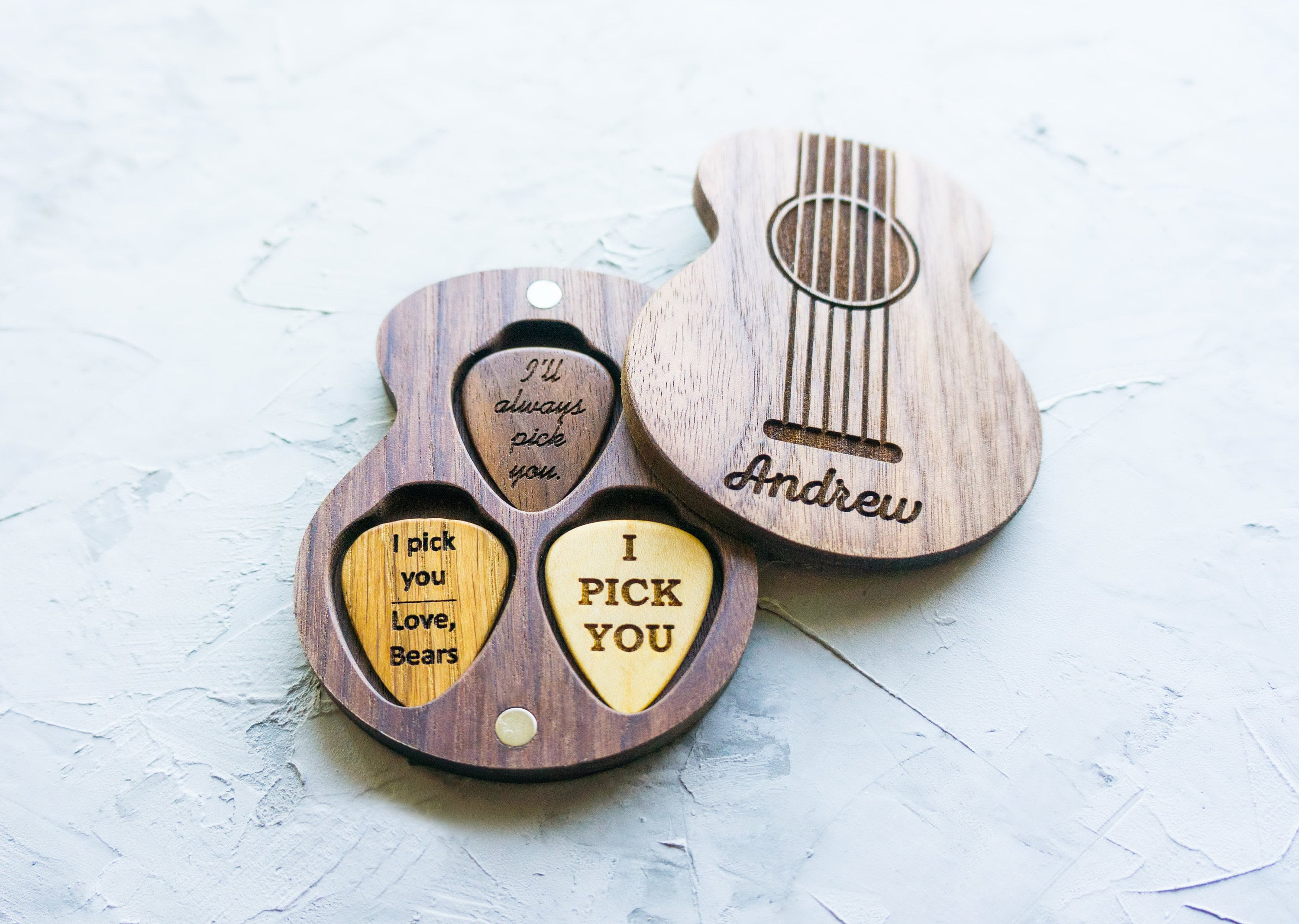 Custom Engraved Guitar Pick Holder Wood Guitar Pick Case Etsy