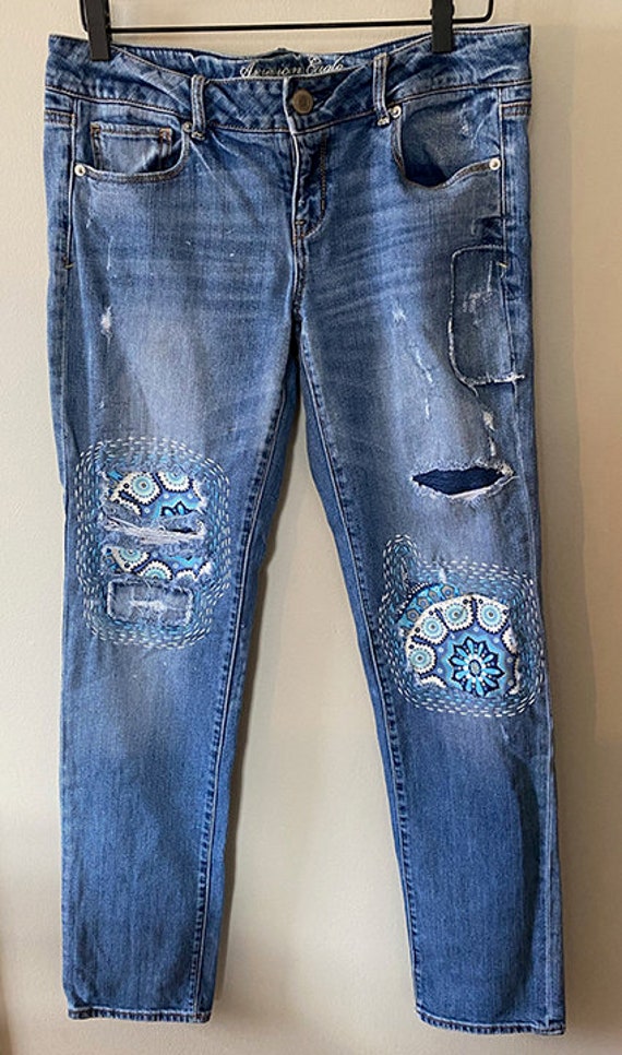 American Eagle Patched & Embroidered Denim Jeans Size 10 | Etsy Canada