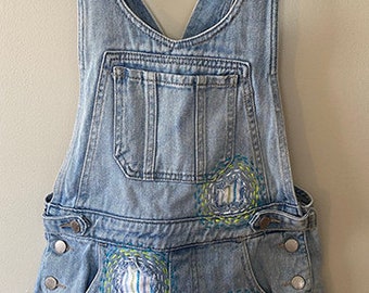 Bullhead Patched & Embroidered Denim Overall Shorts, Size XS