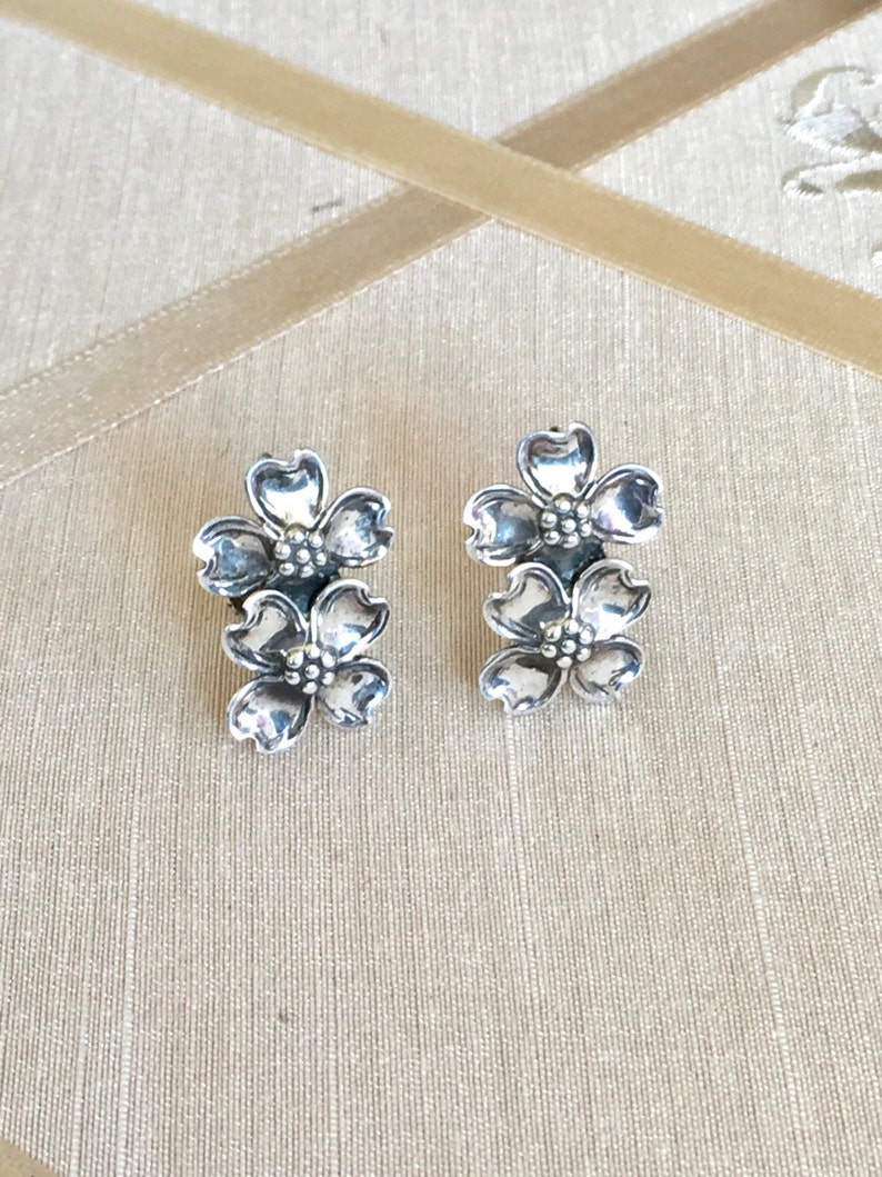 Vintage 40s Sterling Dogwood Earrings Screw Back with Double Dogwood Flowers