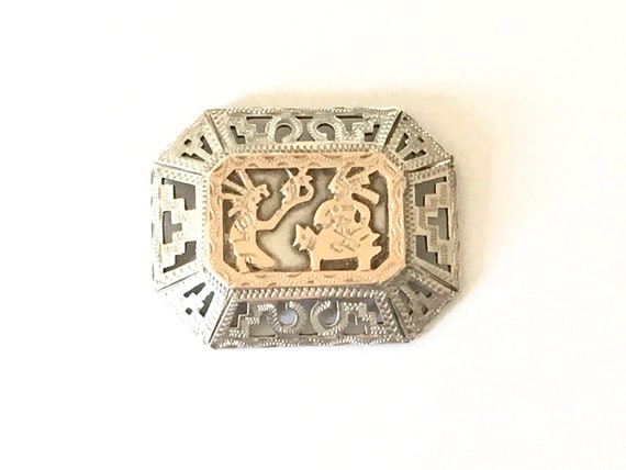 Vintage 40s Guatemalan Sterling and Gold Aztec Bro