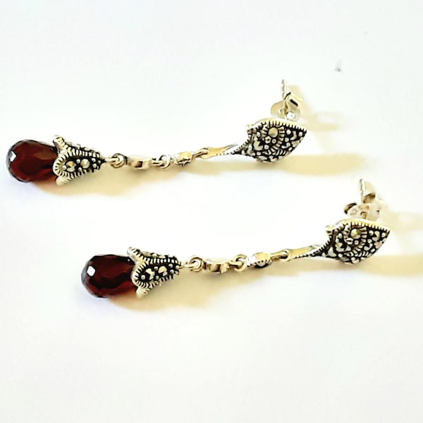 Vintage Marcasite Dangle Earrings Garnet and Marcasite Earrings