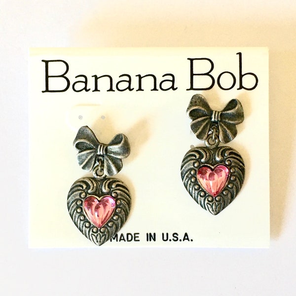 Vintage Banana Bob Dangle Heart Earrings Pewter Bow and Heart Earrings Pierced Earrings