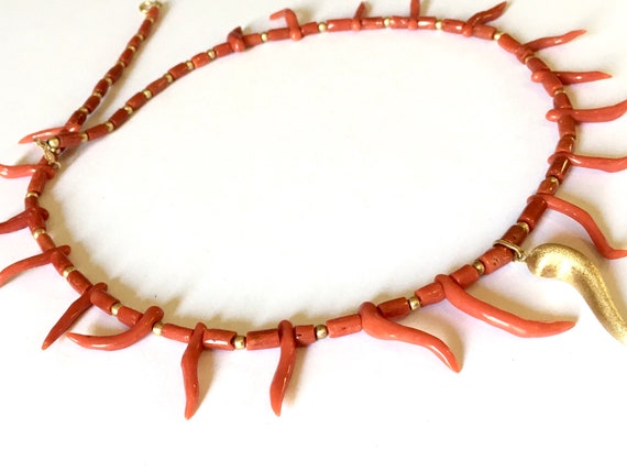 Vintage Italian Red Coral Branch Necklace 18k Gol… - image 2