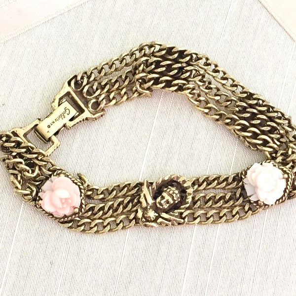 Vintage 60s Goldette Bracelet Angel Bracelet Pink Rosette Bracelet