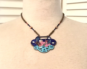 Vintage 70s Laurel Burch Necklace Reversible Asian Enamel Pendant