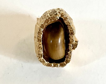 Vintage 70s Brutalist Ring Jacob Hull Gold Plated Tiger Eye Ring Danish Ring
