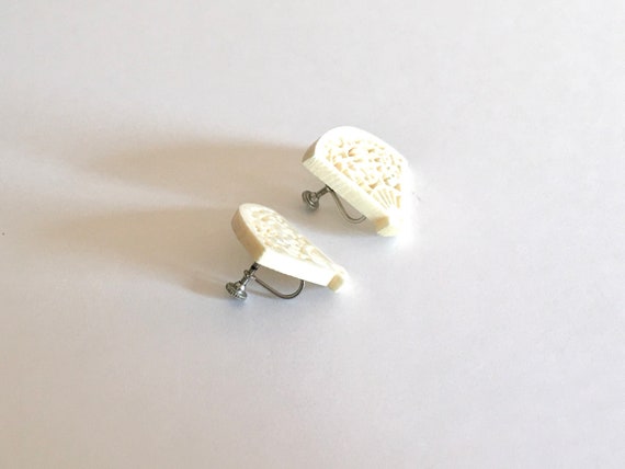 Vintage 60s Carved Bone Fan Earrings with Sterlin… - image 2