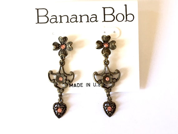 Vintage 80s Banana Bob Brass Flower Dangle Earrin… - image 1